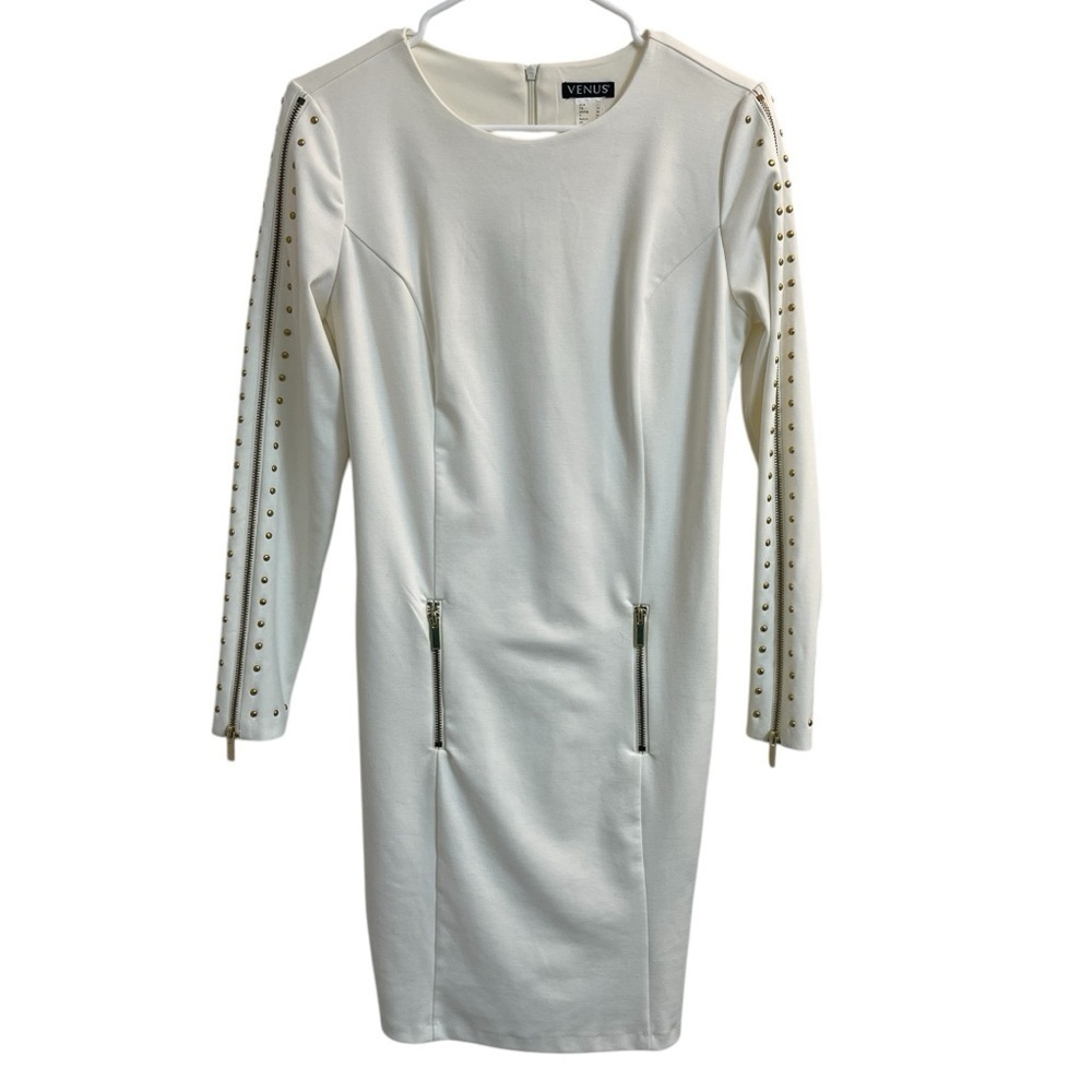 Venus White Studded Lined Long-Sleeve Bodycon Dress with Gold Accents- Size 4